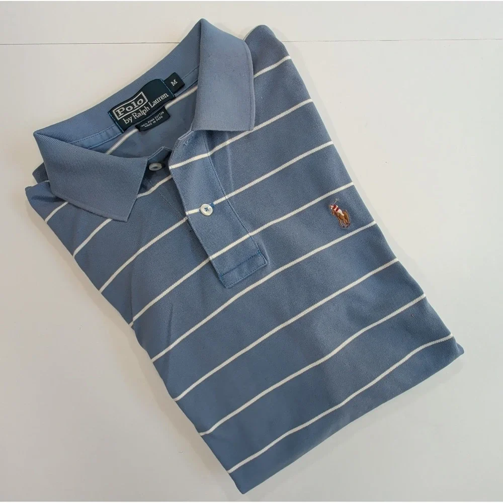 Vintage Y2K Ralph Lauren Polo Shirt Mens M Blue White Striped Pima Cotton Medium